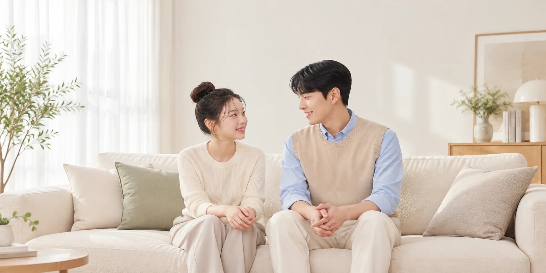 서로를 마주보며 웃는 커플