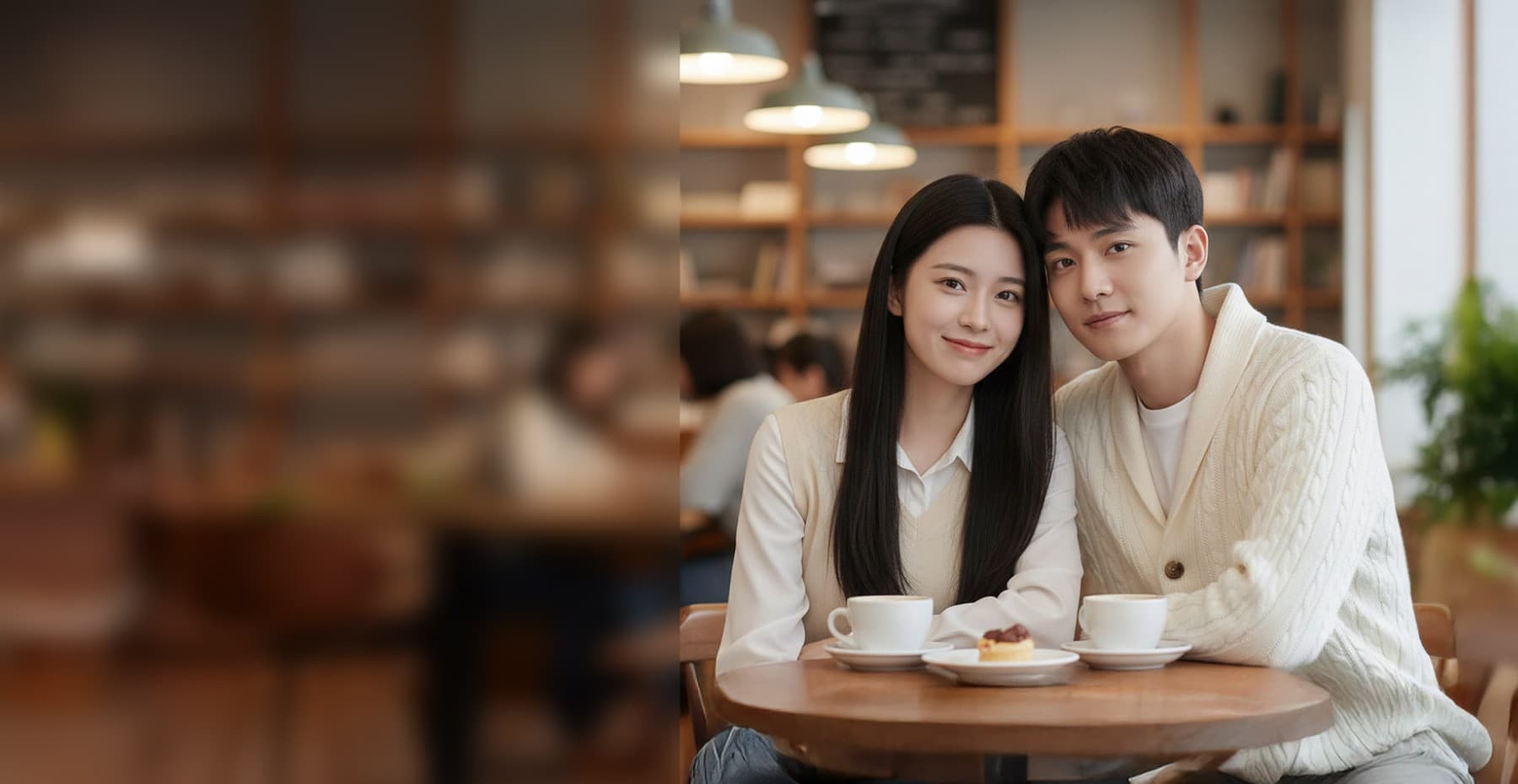 카페에서 커피를 앞에 두고 나란히 앉아 웃고 있는 커플